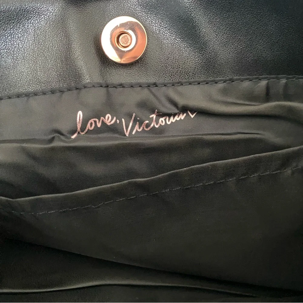 Victoria's Secret Black Fringe Tote Bag Purse Rose Gold Logo‎ 15x17